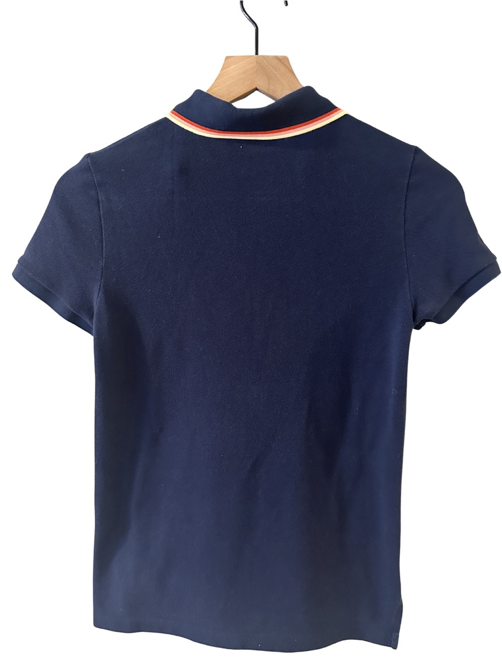 Lacoste Navy Pique Polo with Red, Yellow and Pink Trim Collar - Picture 2 of 5